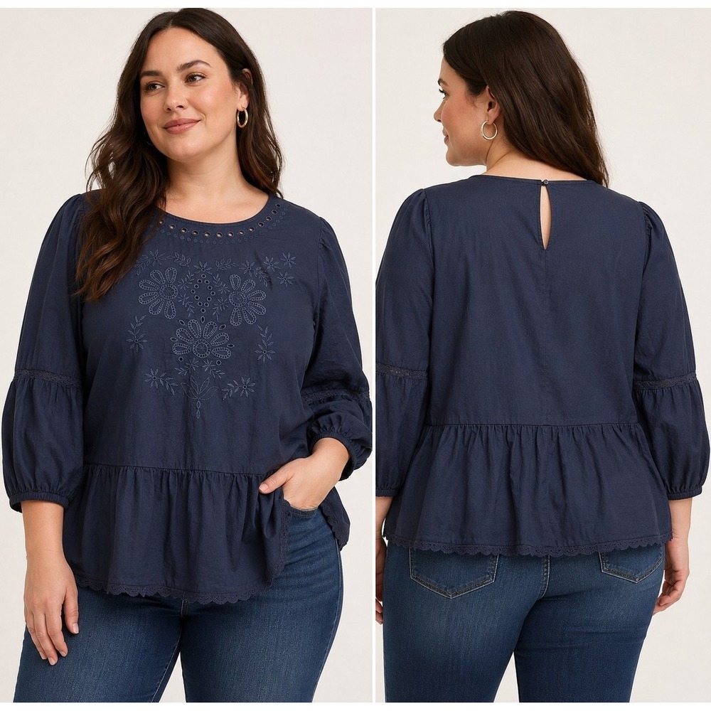 torrid Navy Blue Embroidered Peplum Blouse